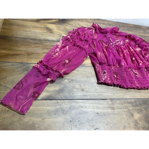Free People Time For Shine Mesh Cropped Smocked Pink Purple Floral Blouse Top L - Picture 4 of 12